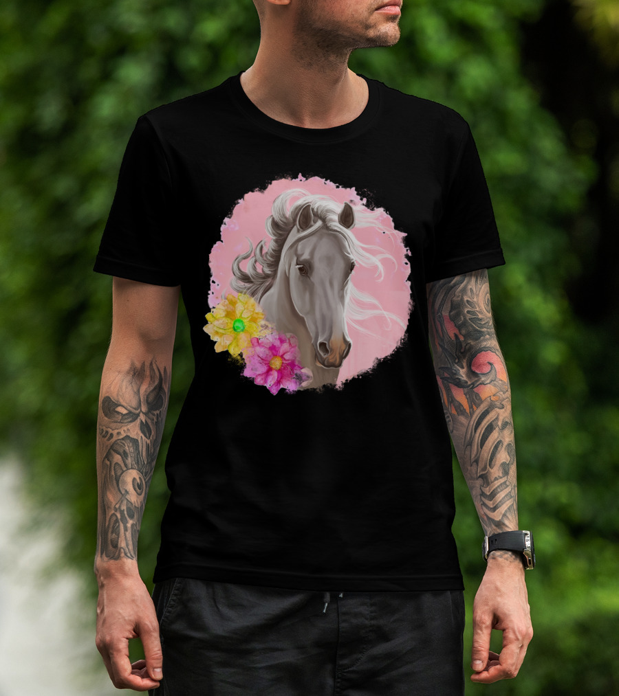 Gorgeous Horse With Vibrant Flowers On Pink Background T-Shirt