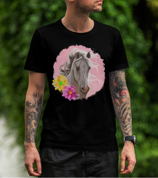 Gorgeous Horse With Vibrant Flowers On Pink Background T-Shirt