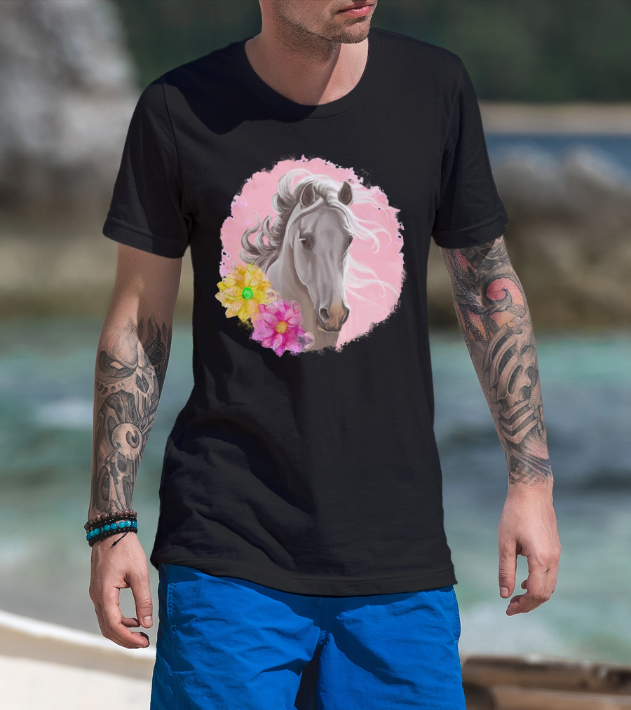 Gorgeous Horse With Vibrant Flowers On Pink Background T-Shirt