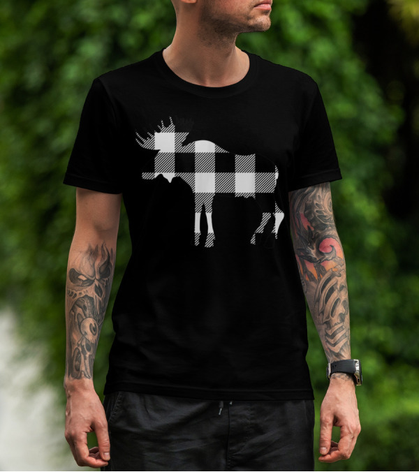 Classic Black And White Plaid Moose Christmas Buffalo Plaid T-Shirt