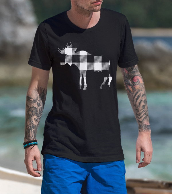 Classic Black And White Plaid Moose Christmas Buffalo Plaid T-Shirt
