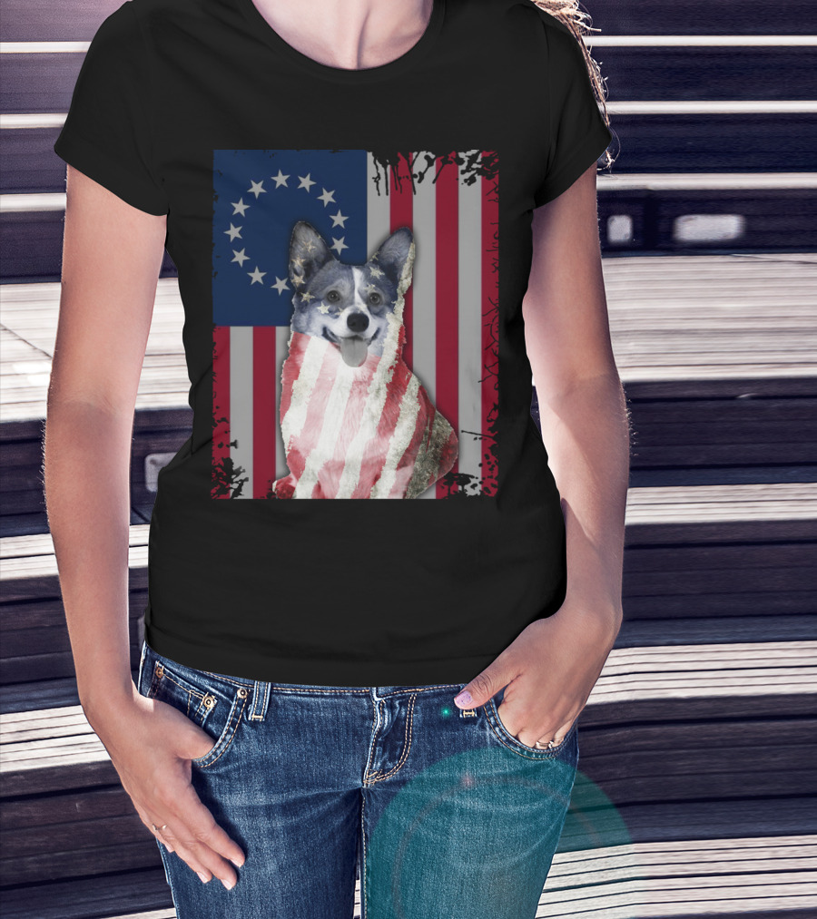 Corgi Betsy Ross US American Flag Costume With Stars And Stripes Background T-Shirt