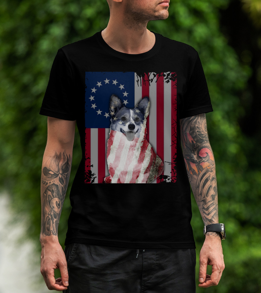 Corgi Betsy Ross US American Flag Costume With Stars And Stripes Background T-Shirt