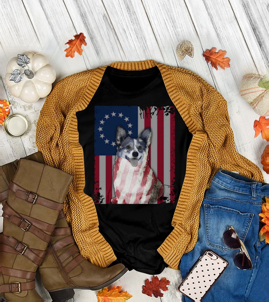 Corgi Betsy Ross US American Flag Costume with Stars and Stripes Background T-Shirt