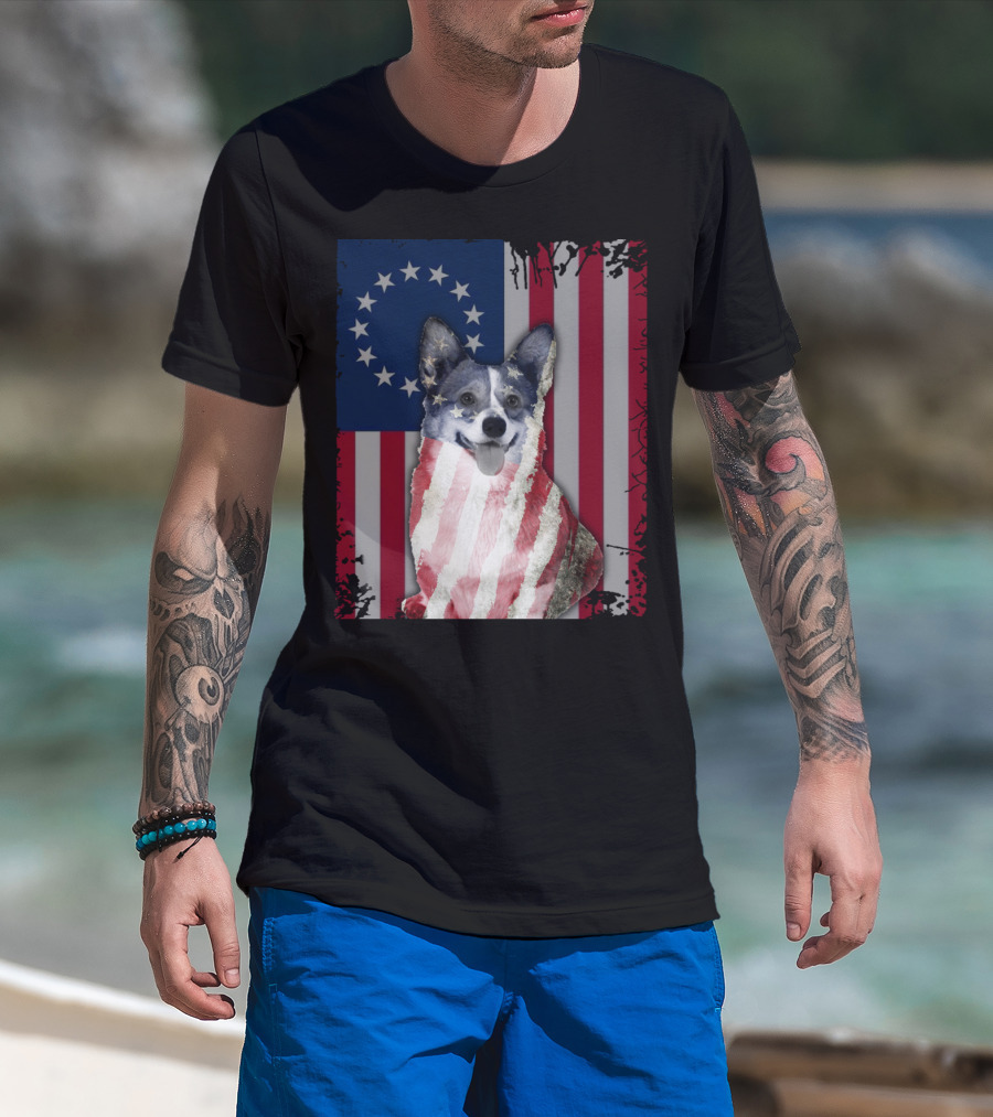 Corgi Betsy Ross US American Flag Costume With Stars And Stripes Background T-Shirt