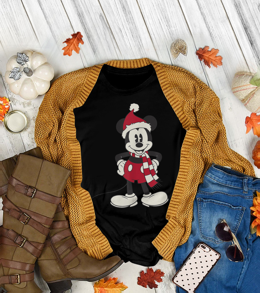 Disney Mickey Mouse Christmas Santa Hat and Scarf T-Shirt