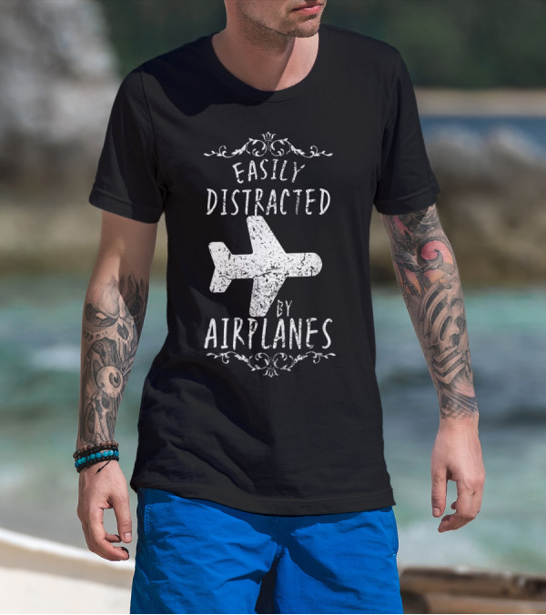 Easily Distracted By Airplanes Pilot Humor F1 T-Shirt