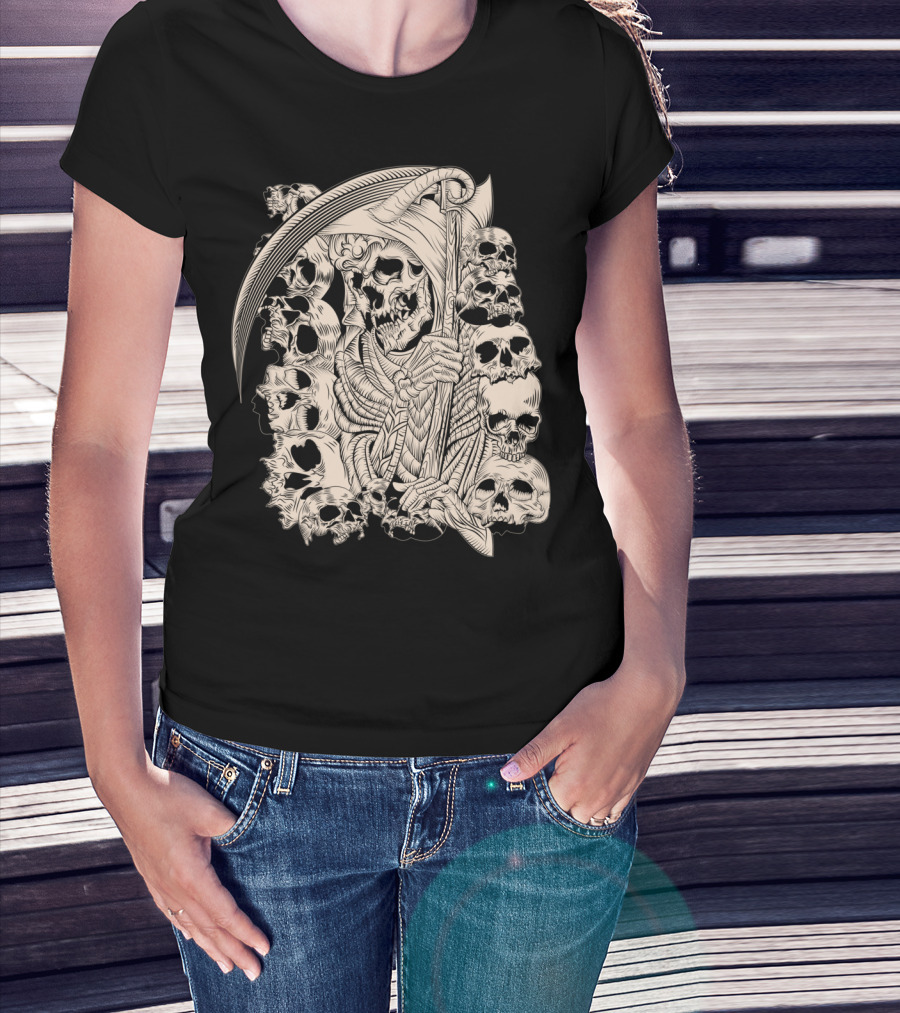Grim Reaper Skull Scythe Classic Ink Drawing T-Shirt