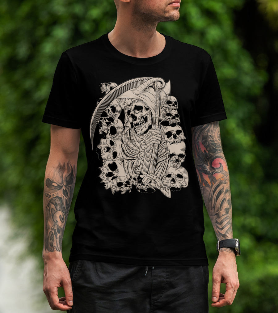 Grim Reaper Skull Scythe Classic Ink Drawing T-Shirt