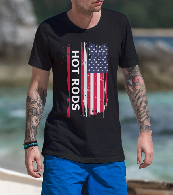 HOT RODS American Flag Classic Muscle Cars T-Shirt