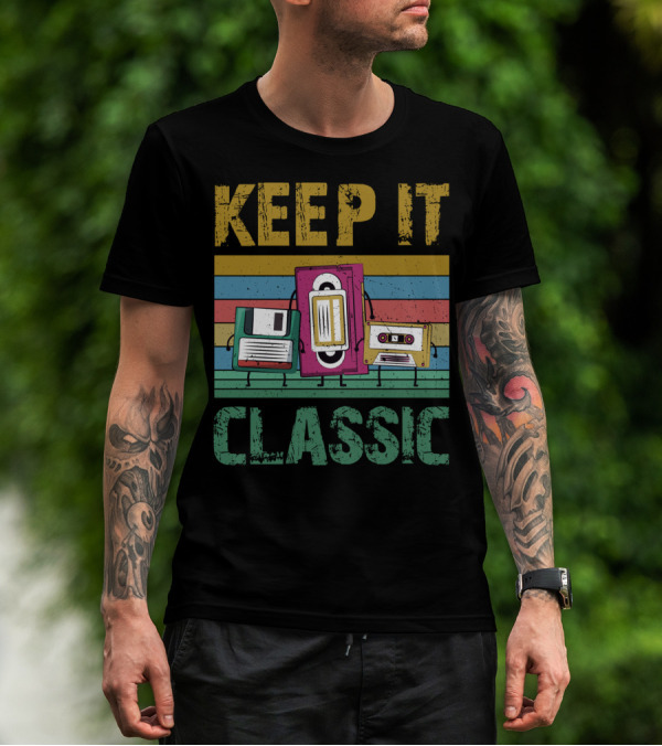 Keep It Classic Old 90s Technology Floppy VHS Retro Stripes T-Shirt