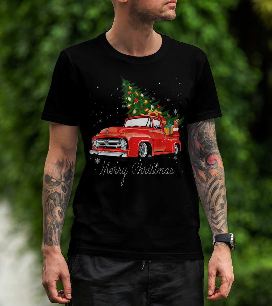 Merry Christmas Red Truck With Christmas Tree And Gifts In Snow T-Shirt
