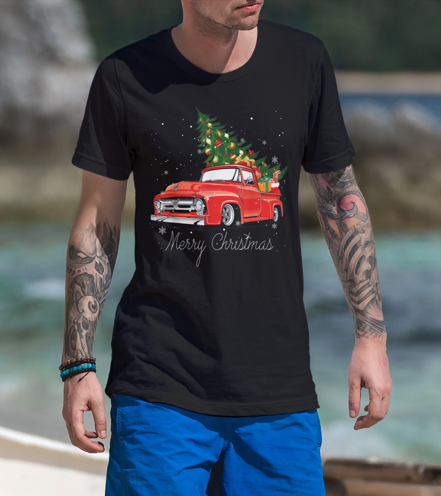 Merry Christmas Red Truck With Christmas Tree And Gifts In Snow T-Shirt