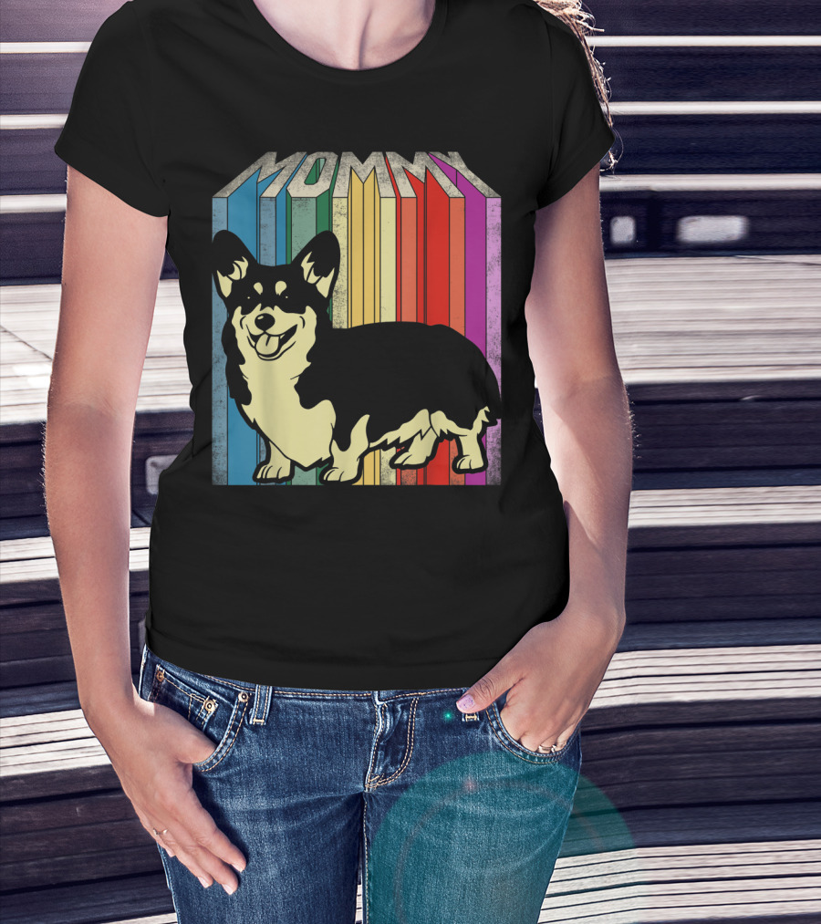 MOMMY Corgi Dog Vintage Rainbow Stripes T-Shirt