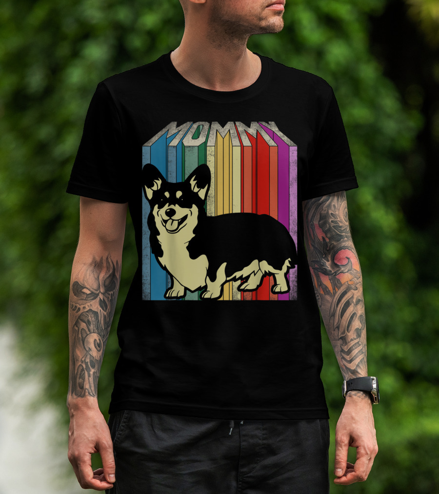 MOMMY Corgi Dog Vintage Rainbow Stripes T-Shirt