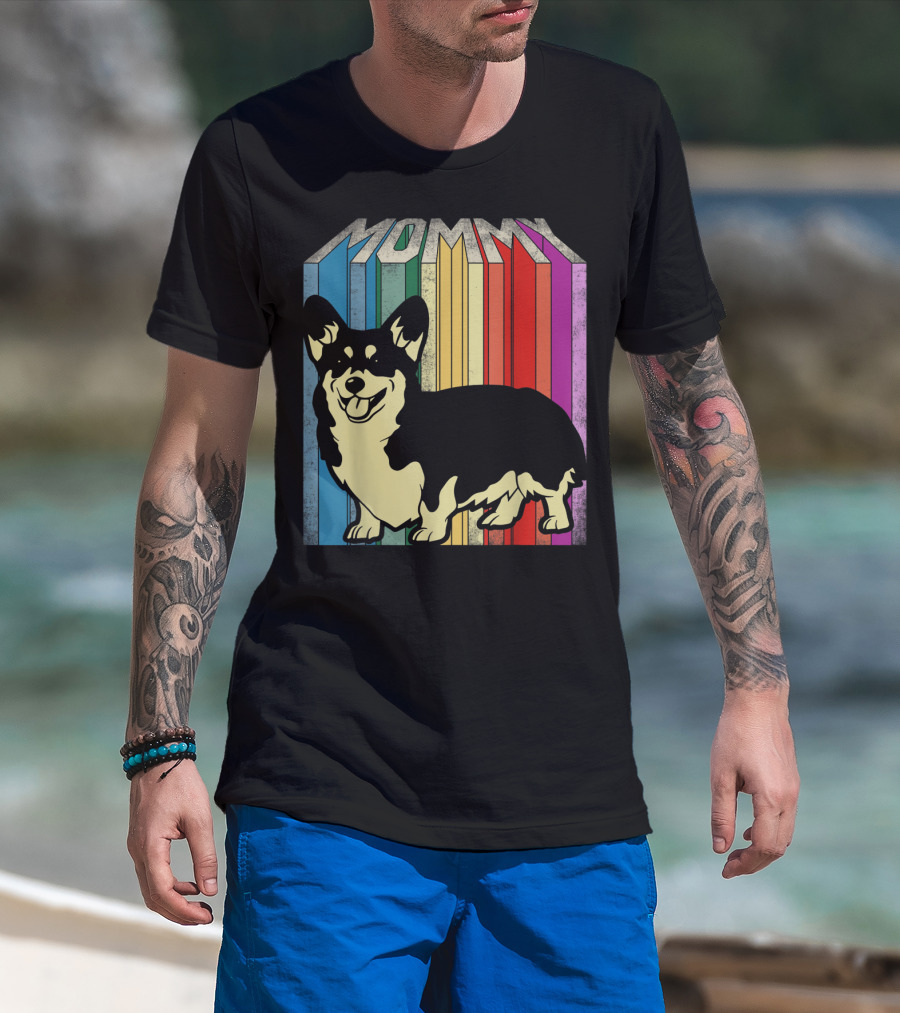 MOMMY Corgi Dog Vintage Rainbow Stripes T-Shirt