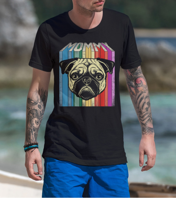Mommy Pug Dog Retro Rainbow Stripes T-Shirt