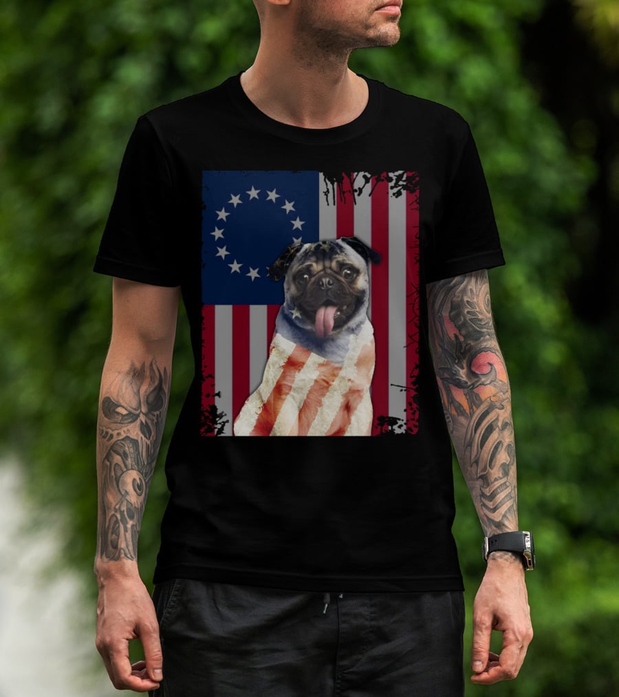 Pug Betsy Ross American Flag Costume Patriotic US Flag T-Shirt