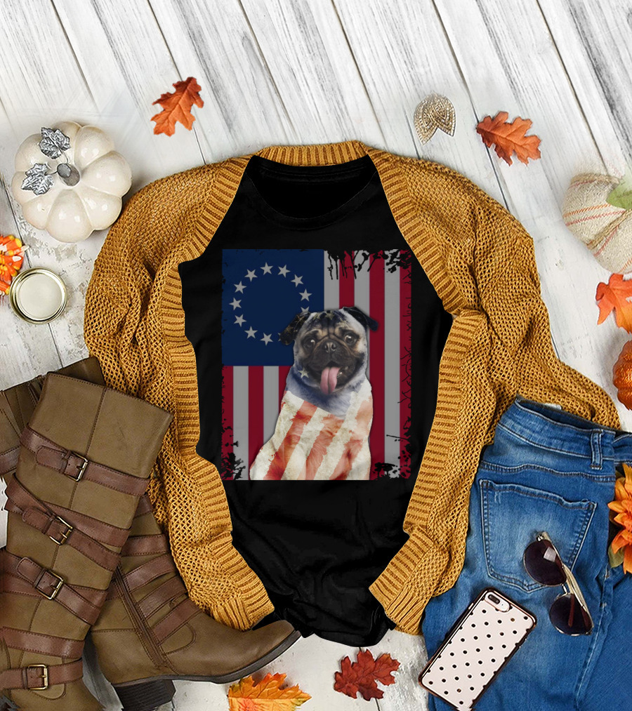 Pug Betsy Ross American Flag Costume Patriotic US Flag T-Shirt