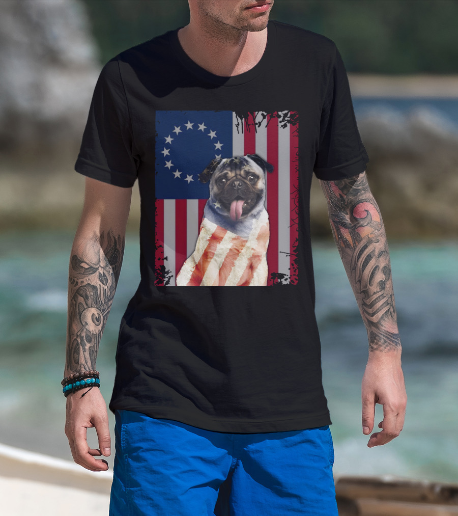 Pug Betsy Ross American Flag Costume Patriotic US Flag T-Shirt