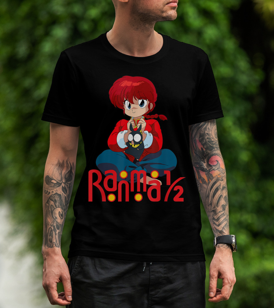Ranma 1/2 Classic Anime Character Sitting With Black Cat T-Shirt