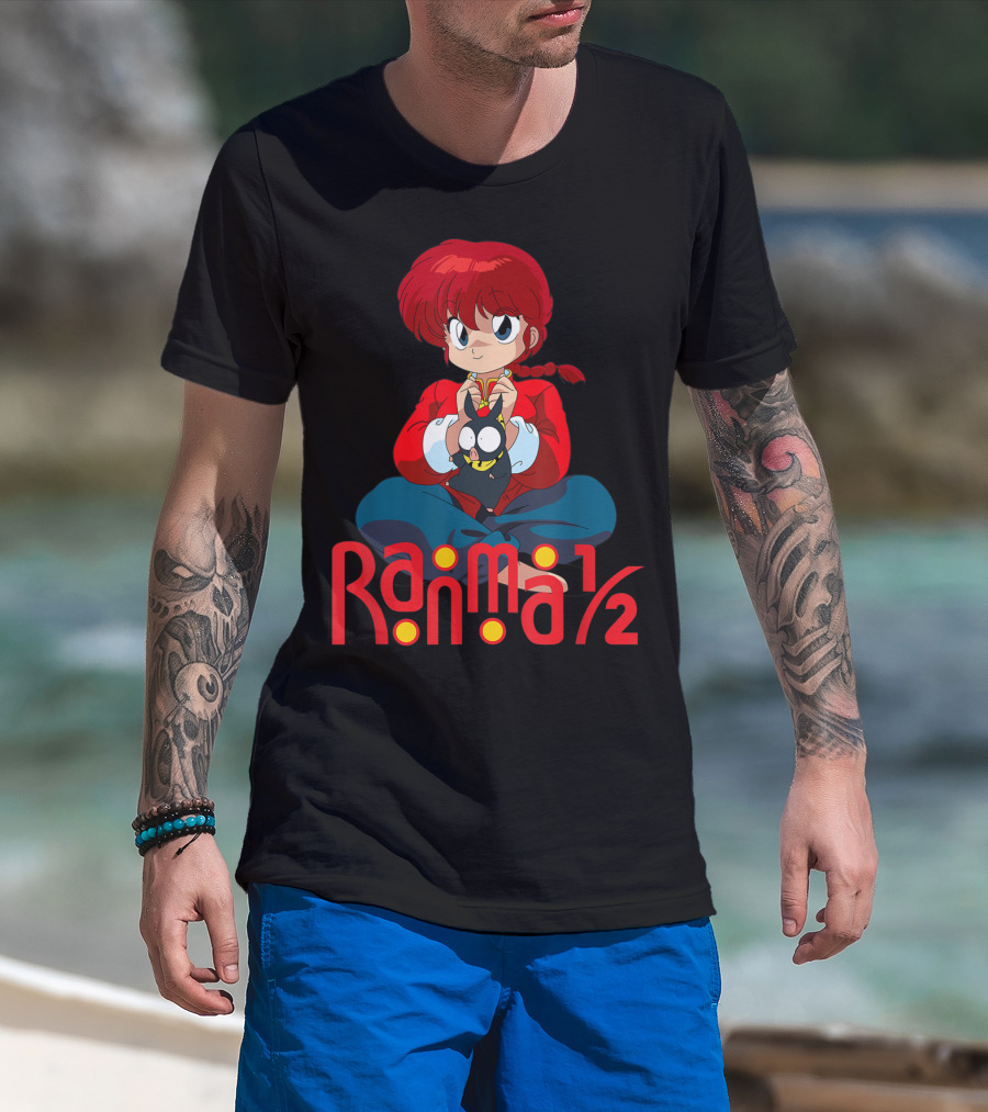 Ranma 1/2 Classic Anime Character Sitting With Black Cat T-Shirt