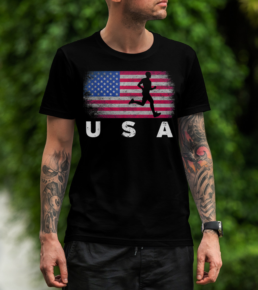 USA American Flag Track Field Running T-Shirt