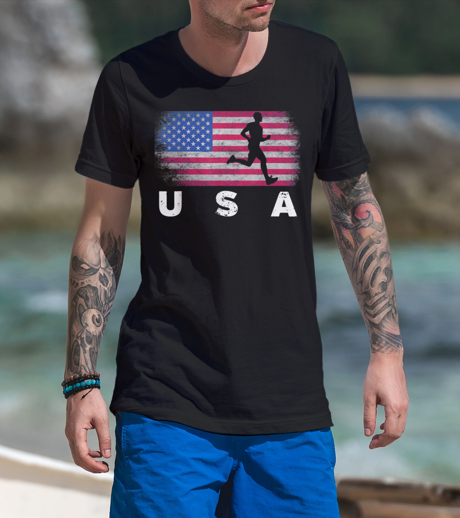 USA American Flag Track Field Running T-Shirt