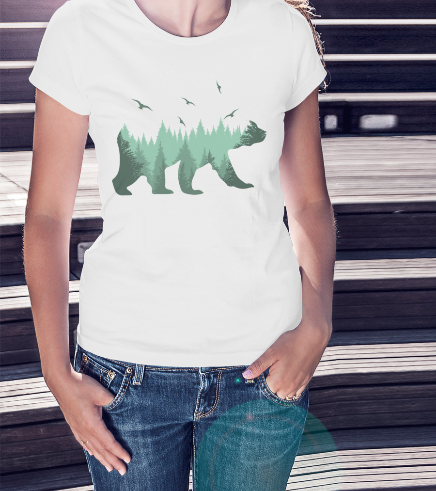 Bear Forest Silhouette With Trees And Eagles In The Woods T-Shirt