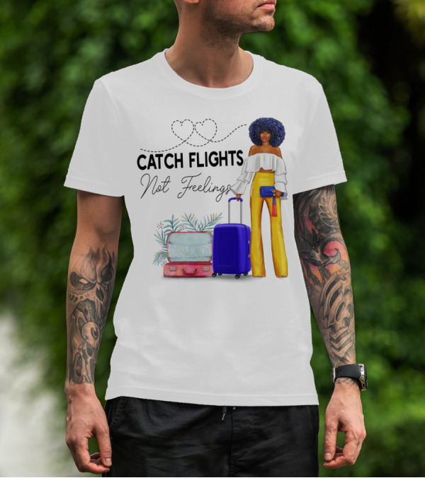 Black Woman Catch Flights Not Feelings Luggage Curls Yellow Pants Fashion T-Shirt