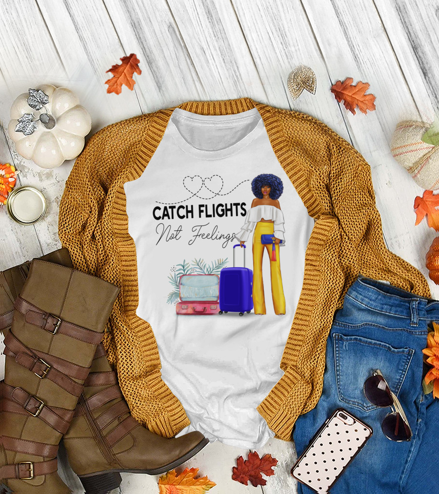 Black Woman Catch Flights Not Feelings Luggage Curls Yellow Pants Fashion T-Shirt