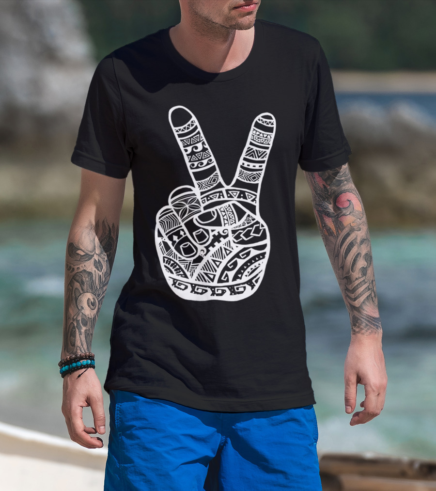Boho Tiki Tattoo Polynesian Peace Sign Hand T-Shirt