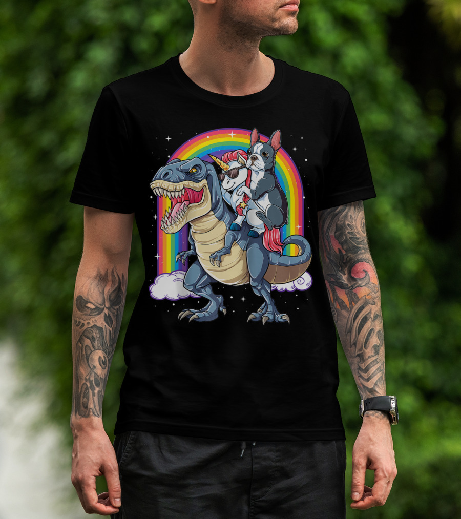 Boston Terrier And Unicorn Riding T-Rex T-Shirt