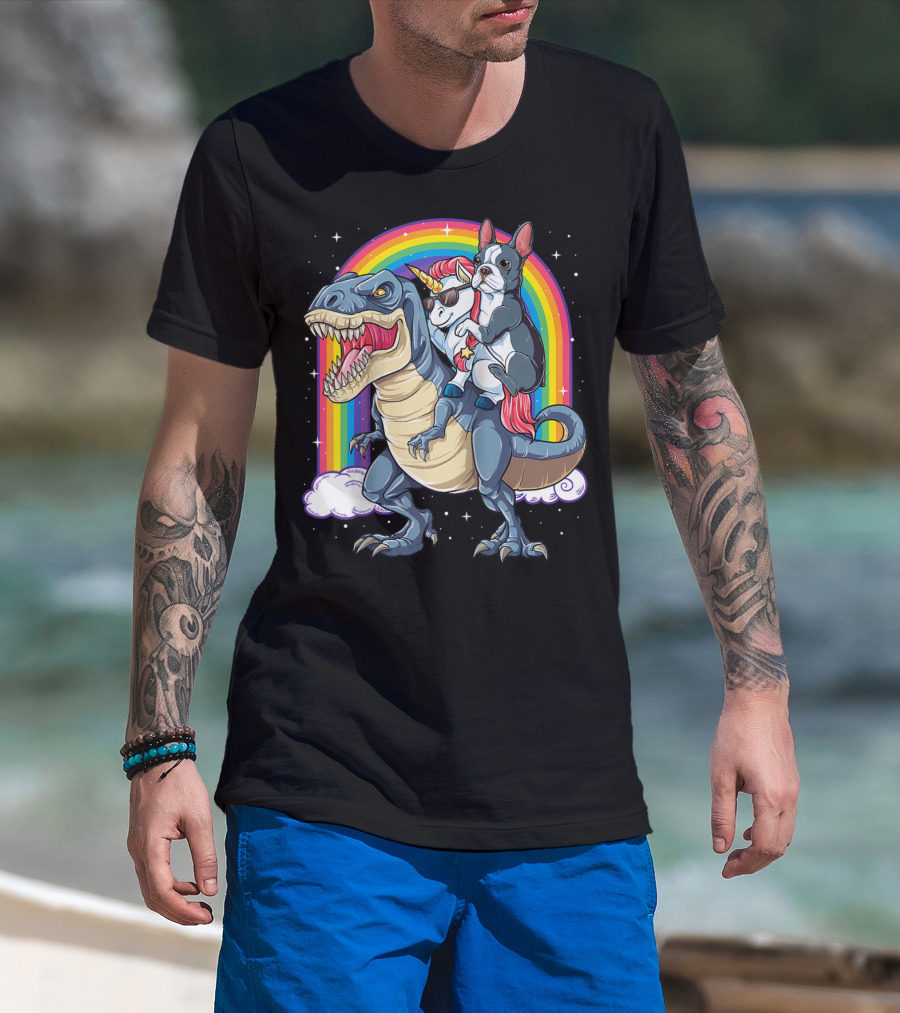 Boston Terrier And Unicorn Riding T-Rex T-Shirt