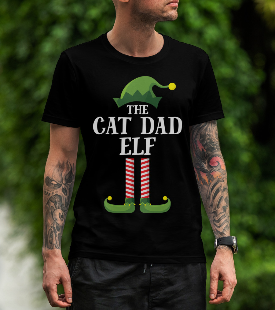 The Cat Dad Elf Matching Family Group Christmas Pajama Holiday T-Shirt