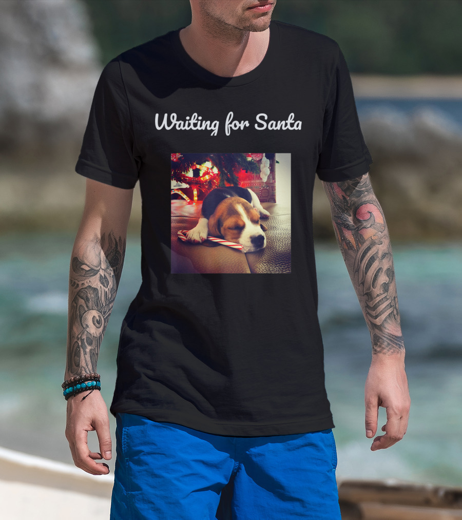 Waiting For Santa Cute Dog Under Christmas Tree With Candy Cane T-Shirt