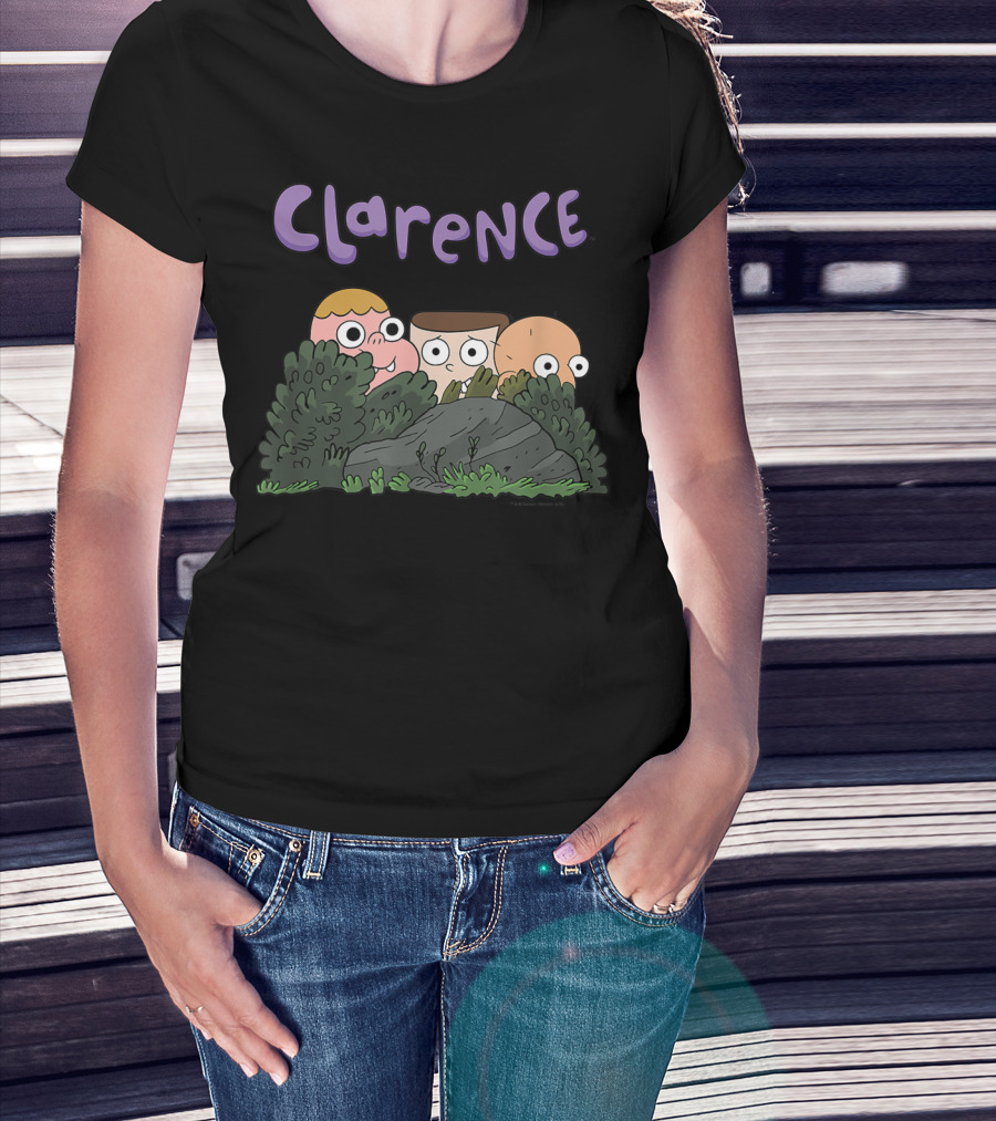 Clarence Cartoon Friends Hiding Behind Bushes T-Shirt