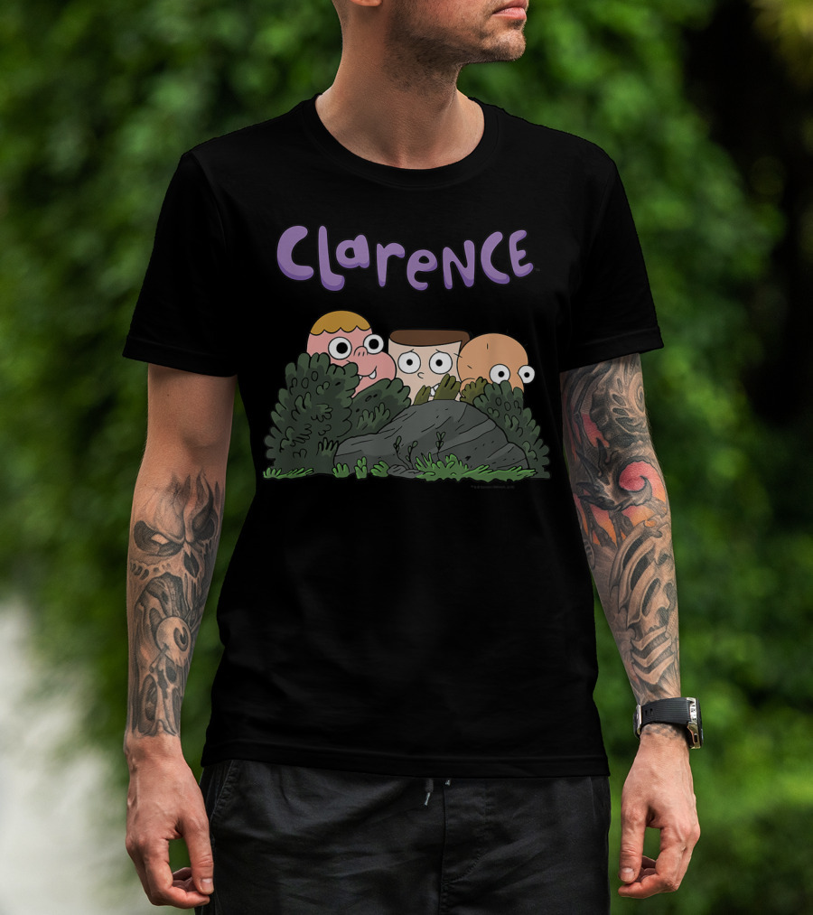 Clarence Cartoon Friends Hiding Behind Bushes T-Shirt