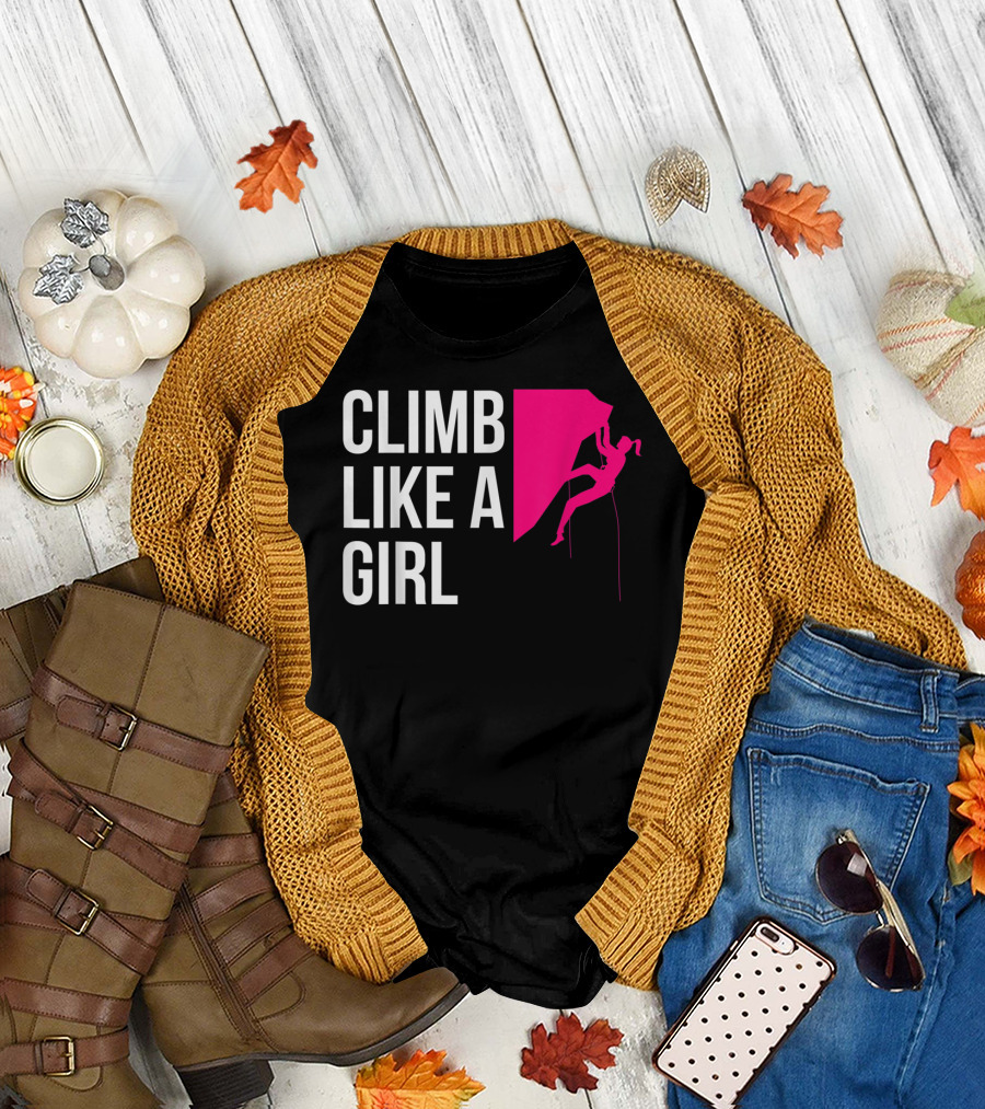 Climb Like A Girl Women's Rock Climbing Iconic Pink T-Shirt