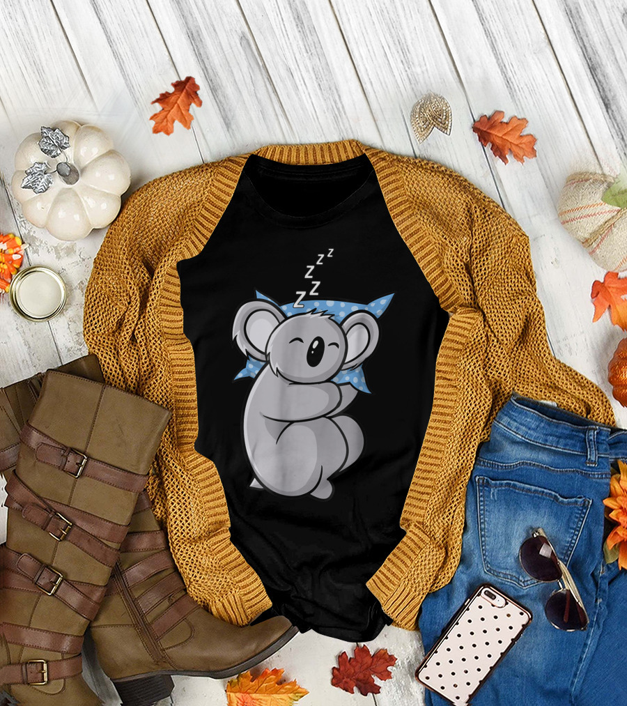 Cute Koala Bear Lazy Sleeping Animal with Blue Polka Dot Pillow T-Shirt