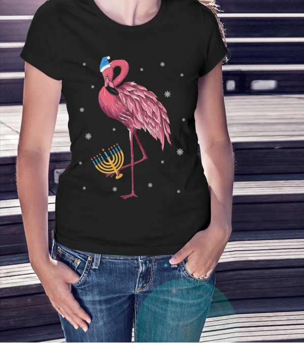 Cute Menorah Flamingo Hanukkah Chanukah With Snowflakes T-Shirt