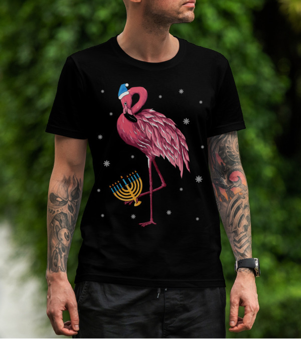 Cute Menorah Flamingo Hanukkah Chanukah With Snowflakes T-Shirt
