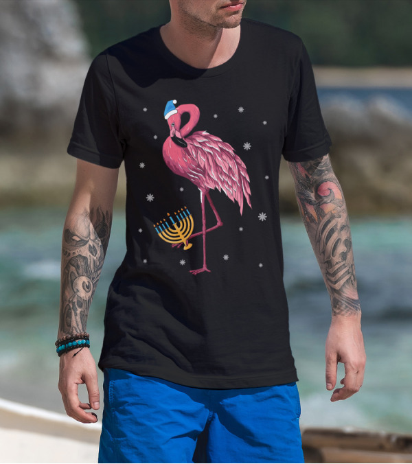 Cute Menorah Flamingo Hanukkah Chanukah With Snowflakes T-Shirt