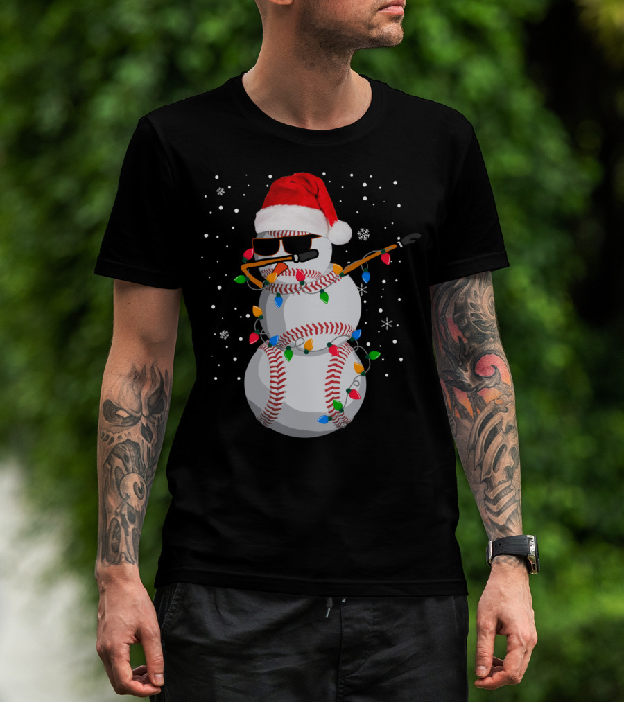 Dabbing Snowman Baseball Christmas Lights Santa Hat Sunglasses T-Shirt