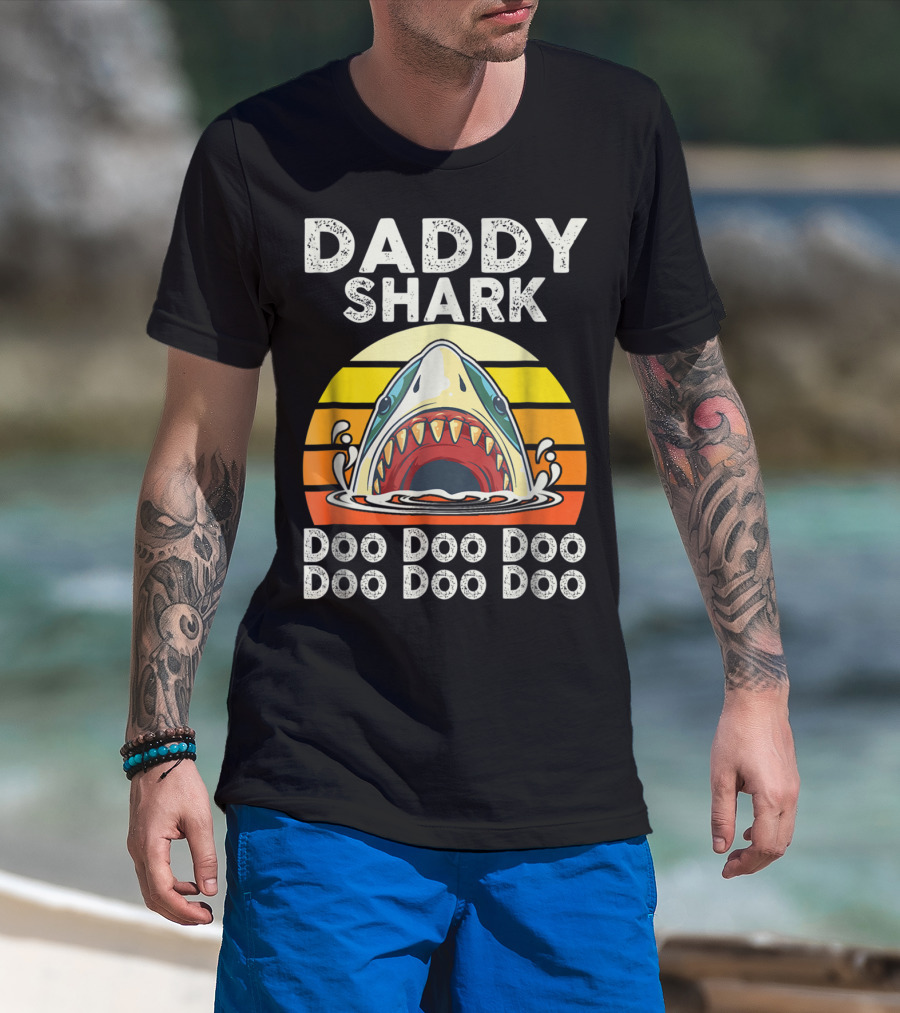 Daddy Shark Doo Doo Doo Doo Doo Doo Funny Sunset Shark Face T-Shirt