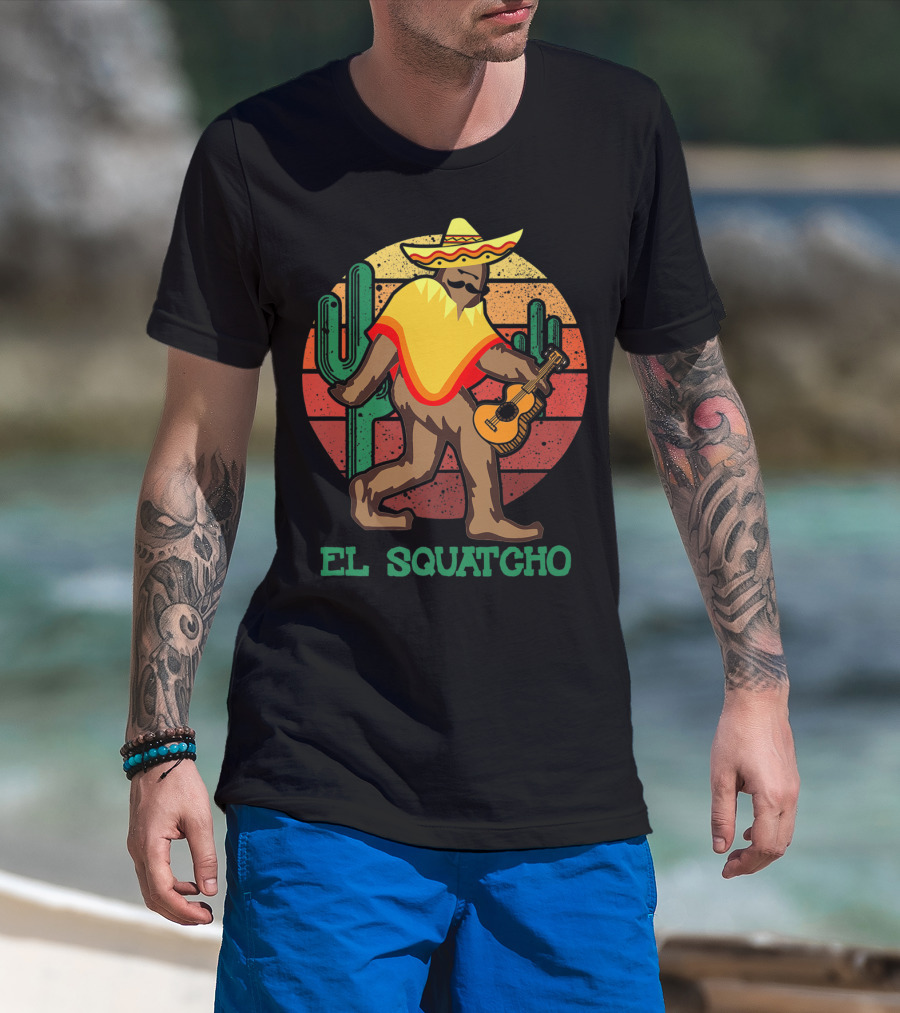 El Squatcho Mexican Sasquatch Bigfoot Cinco De Mayo Cactus Sunset Sombrero Guitar T-Shirt