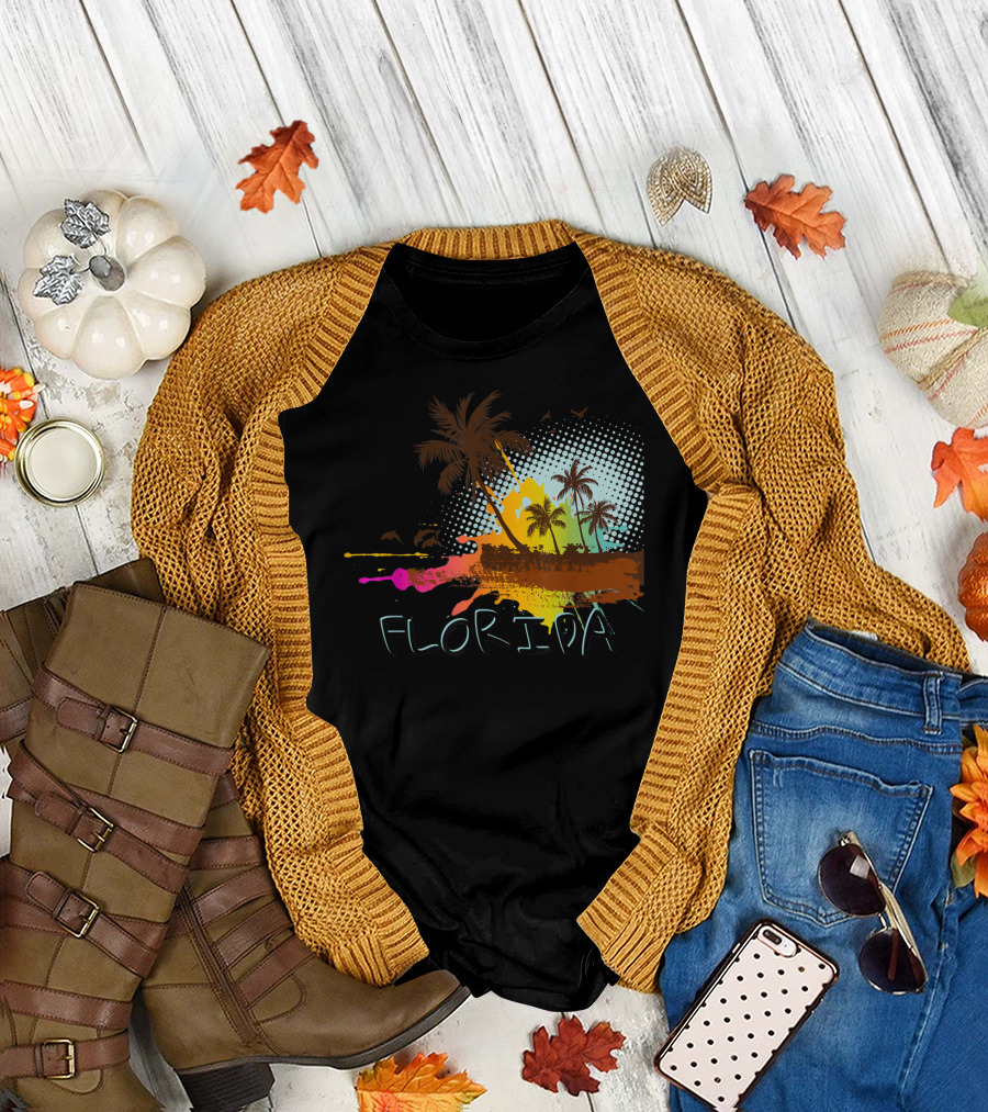 Florida Beach Vacation with Colorful Palm Tree Splash Art Ocean Lovers T-Shirt