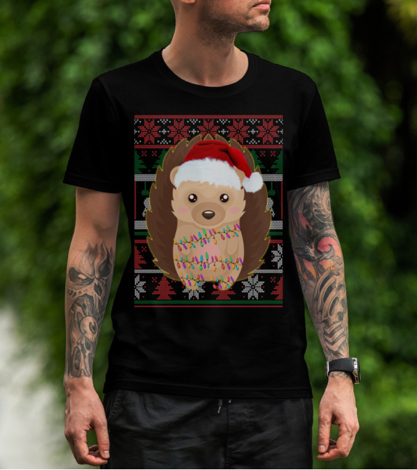 Funny Christmas Hedgehog Ugly Sweater Lights T-Shirt