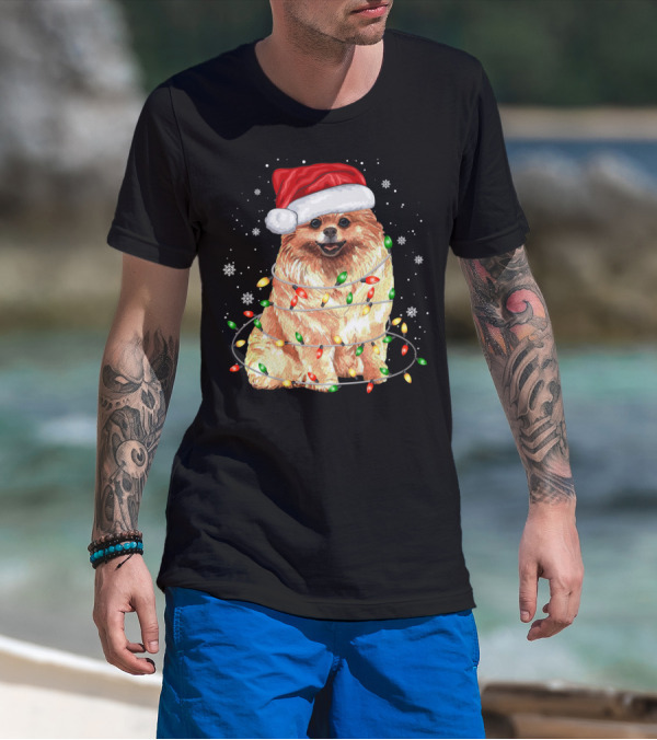 Pomeranian In Santa Hat With Christmas Lights And Snowflakes T-Shirt