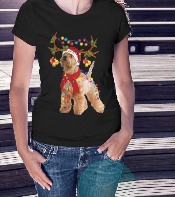 Wheaten Terrier Santa Reindeer With Festive Christmas Lights T-Shirt
